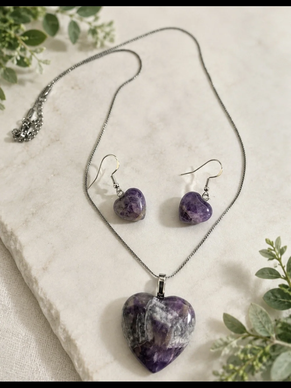 Chevron Amethyst Heart Necklace & Earrings Set | Sterling Silver And Stainless